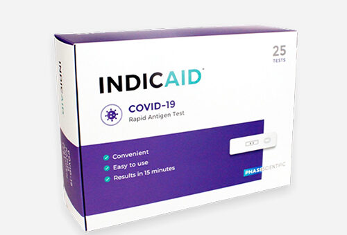 Indicaid COVID-19 rapid antigen test. Test kit includes items for 25 tests. Convenient, easy to use, get results in 15 minutes.