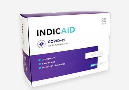 Indicaid COVID-19 rapid antigen test. Test kit includes items for 25 tests. Convenient, easy to use, get results in 15 minutes.